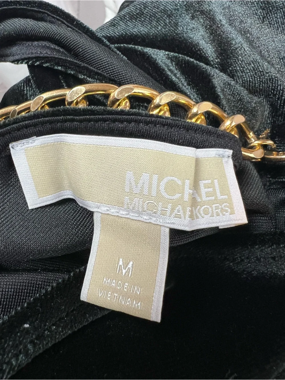 Michael Kors Women’s M Black Velvet Stretchy Ruched Gold Chain Midi Dress
